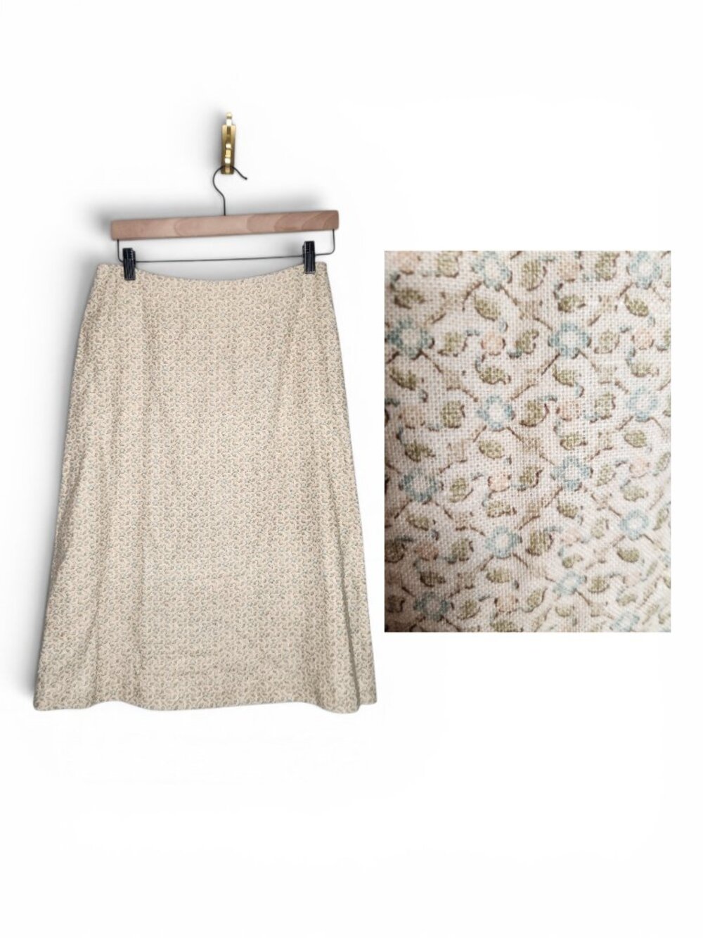 Vintage Ditsy Floral A-Line Midi Skirt in Cream Blue Green Size M